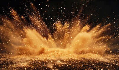 Sand explosion, golden grains dispersing on black background