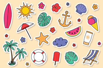 Colourful summer icon set. Hand drawn stickers. Vector illustration.