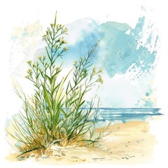 Obraz premium Seaside Flora. Tranquil Beach Plant on Sandy Shore with Watercolor Artistic Flair