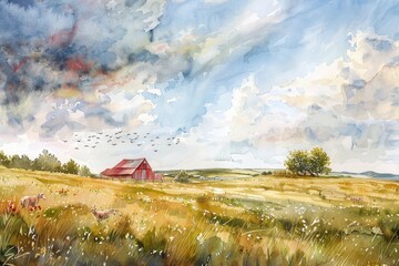 Serene Countryside Farming Scene. Watercolor Rural Landscape Illustration