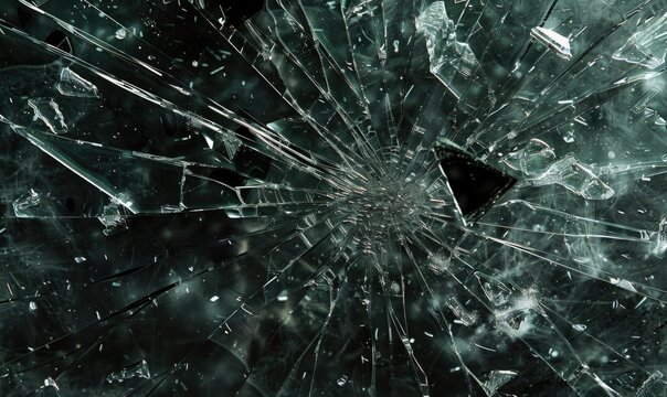 Shattered glass in high speed, glass fragments flying on black background