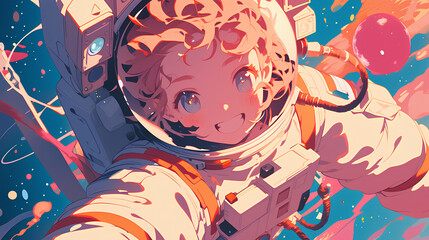 astronaut floating in space cute smile, anime style