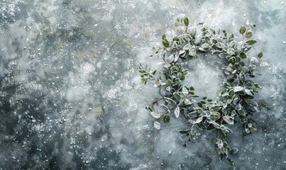 Pastel green foliage wreath on frozen stone background