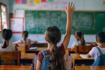 A young student sits at a wooden desk, raising her hand in a brightly lit classroom, eager to participate