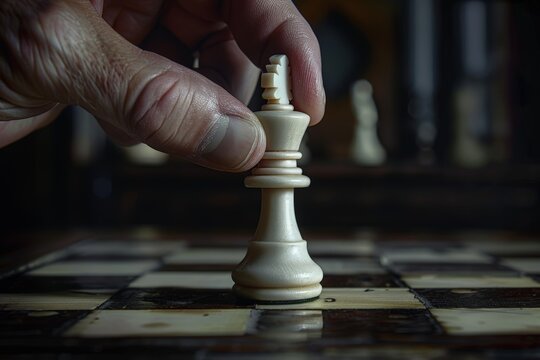 Elegant hand moving chess piece strategically for a calculated play in a game of strategy and skill.
