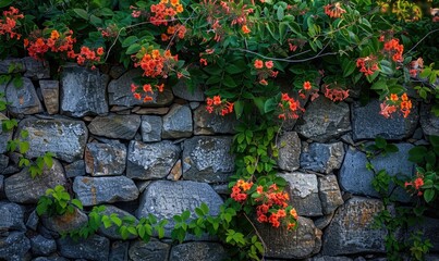 Obraz premium Stone wall with honeysuckle