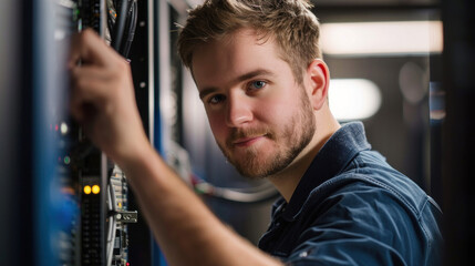 Confident IT Technician Portrait Shot, Professional Environment, Diverse Workforce, Corporate Photography, Team Collaboration, Engaged Employees, Authentic Work Settings.