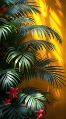 Tropical summer background with colorful wall, palm and stylish sunlight shadows. Luxury hotel resort exterior for product placement. Outdoor vacation holiday house scene. Nature aesthetic wallpaper