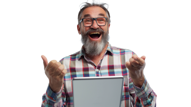 Middle-aged man in glasses and plaid shirt smiling while holding tablet, transparent background.