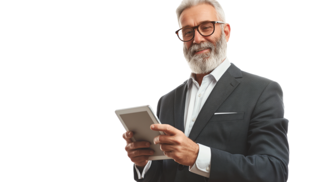 Mature man in suit and glasses happily using tablet, isolated on transparent background.