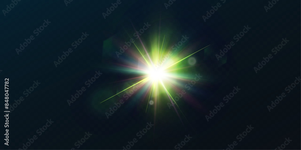 Poster light effect of green glowing light. solar flare. glow effect. starbursts with twinkling highlights.