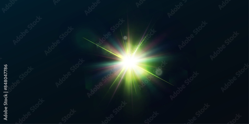 Poster light effect of green glowing light. solar flare. glow effect. starbursts with twinkling highlights.