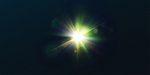Light effect of green glowing light. Solar flare. Glow effect. Starbursts with twinkling highlights. Beautiful light effect of flickering highlights. Vector 10 EPS	