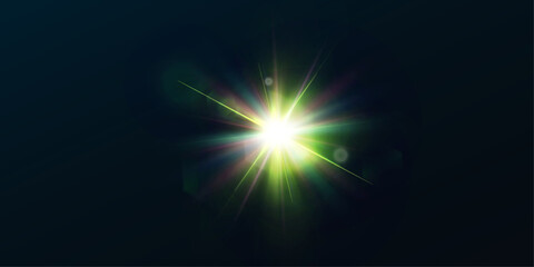 Light effect of green glowing light. Solar flare. Glow effect. Starbursts with twinkling highlights. Beautiful light effect of flickering highlights. Vector 10 EPS	
