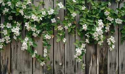 Wooden fence covered in jasmine blossoms