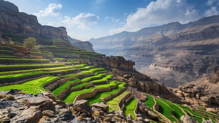 A picturesque terrace farm nestled in the mountains of  with neatly arranged tiers of green fields cascading down the rocky slopes, creating a stunning contrast.