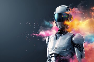Naklejka premium Human like robot with colorful paint splashes, blending artistic creativity and artificial intelligence in a vibrant and imaginative setting.