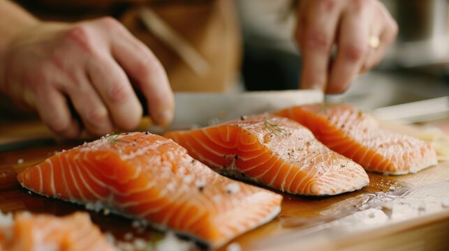 Cook prepares salmon in the kitchen