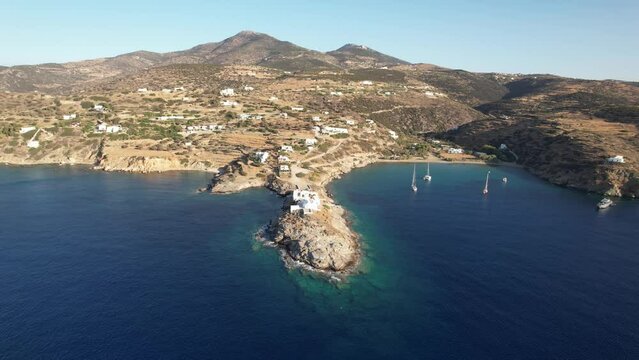 View of Chrysophygi Monastery and Paros on the south east coast of the island, Sifnos, Greece