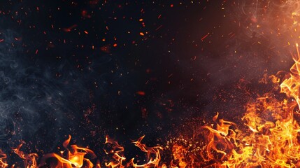 Fire spark overlay with smoke and flame background. Grill heat glow . Realistic flying orange sparkle abstract illustration. Hell bonfire fiery with hot cinder