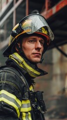 A firefighter in full gear stands in front of a burning building