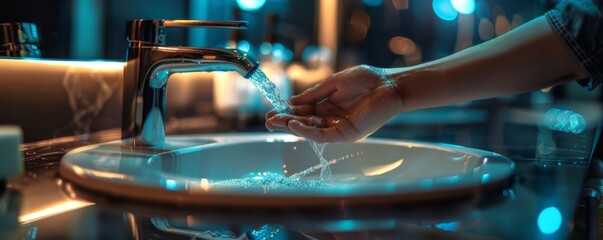 Naklejka premium Washing hands in front of the sink in dark luxury bathroom, antibacterial concept banner. Generative AI.