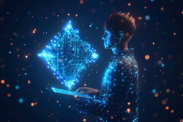 Fototapeta premium Abstract businessman is holding tablet with a blockchain hologram. Digital innovation or fintech concept. Futuristic low poly metaverse in technological blue. Vector 3D illustration of cryptocurrency 