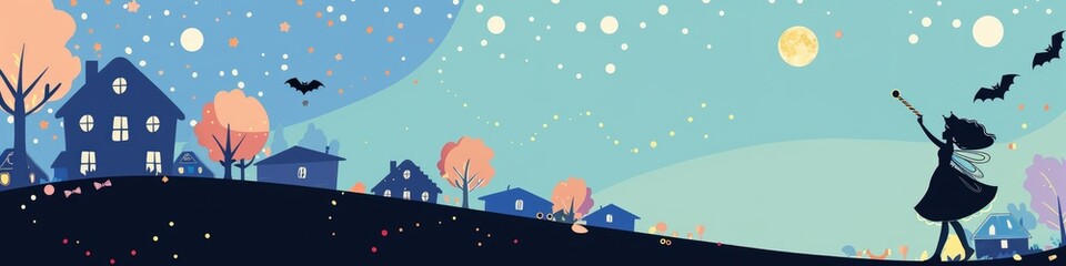 Naklejka premium A cartoon illustration of a young girl with fairy wings casting a spell in front of a town with houses, trees, and stars in the night sky