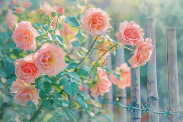 Watercolor Roses on Fence. Blooming Roses in Romantic Garden Setting