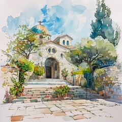 Naklejka premium Watercolor Sketch of Ancient Church in Holy Jerusalem