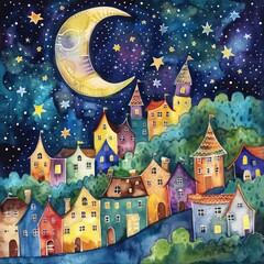 Fototapeta premium Watercolor Sky with Cute Townscape - Stars, Moon, and Fairy Tale Houses