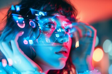 portrait of a woman with virtual reality projections of digital icons around her face