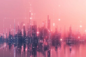 Smart city technology in the form of pixels with lines that connect with the city in a unique way. conveys the technology of A city that takes advantage of modern and intelligent technology innovation