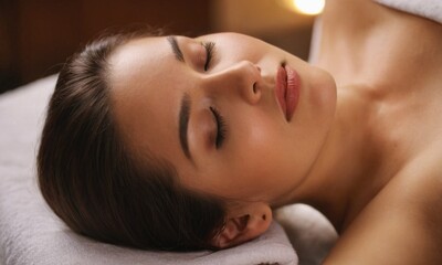 Obraz premium Portrait of a young beautiful woman relaxing on massage table in spa salon. Closeup of sleeping woman having a healing body massage in beauty clinic. Spa and cosmetology treatment, body care concept