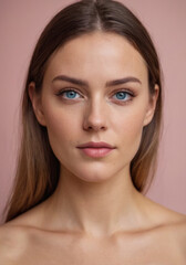 Fototapeta premium Closeup studio shot of attractive woman with bright blue eyes and blonde hair. Beauty portrait of female model with clean skin looking at camera against pink background. Cosmetic skincare, cosmetology