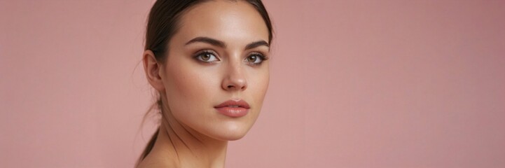 Fototapeta premium Panoramic beauty portrait of young woman model with healthy clean skin and natural makeup against pink background with space for text. Skincare, cosmetology, dermatology, cosmetic promo, advertising