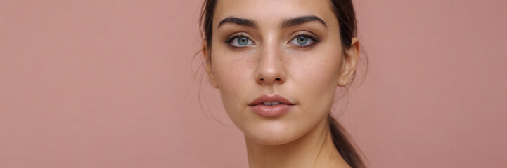 Fototapeta premium Panoramic beauty portrait of attractive woman model with blue eyes and freckles against pink background with space for text. Beautiful female model with perfect skin. Skincare, cosmetology, cosmetic