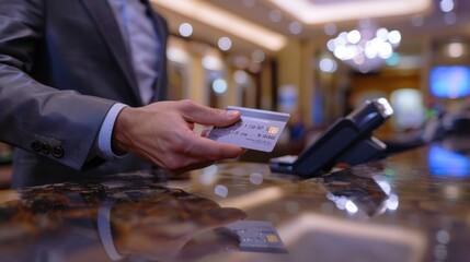 Close-up of a male hand holding a credit card near a point-of-sale terminal in a luxury environment Blurred background with bokeh
