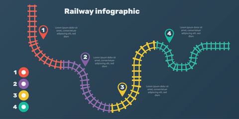 Railroad tracks, railway simple icon, rail track direction, train tracks colorful vector illustrations on a black background. Infographic elements, simple illustration. © YEVHENIIA