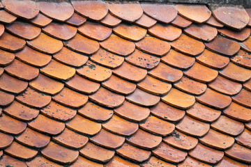 The roof is made of brown tiles and has a pattern of triangles