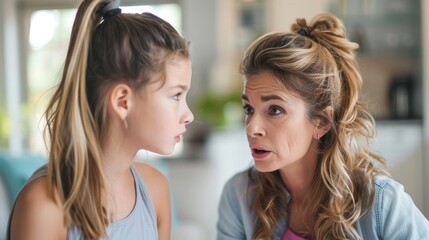 Fototapeta premium An adult woman and her young daughter engaged in a serious conversation, likely discussing an important matter