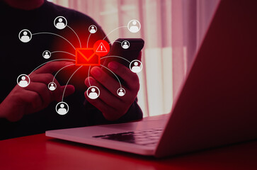 SMS spam and fake text message phishing from scammer concept. SMS hacked warning alert, Email sending from mobile phone by anonymous hacker, scam malware spreading virus, randomly send to many people.