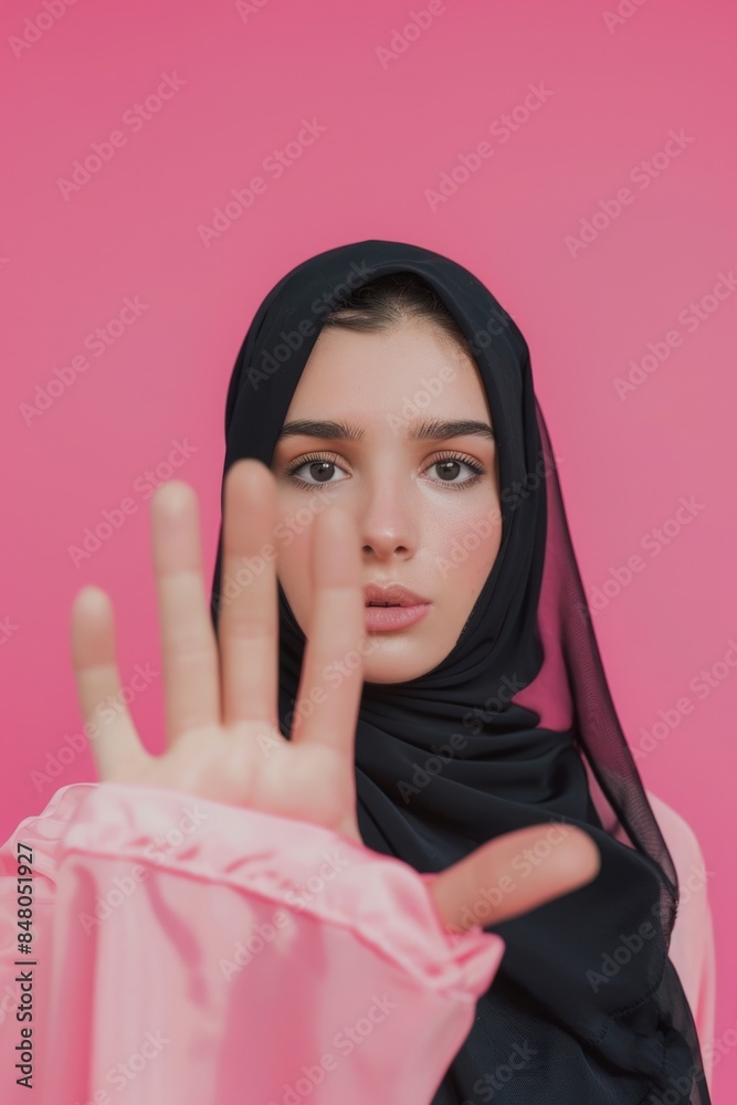 Poster a woman wearing a hijab holds a stop sign, suitable for use as a symbol of stopping or halting actio