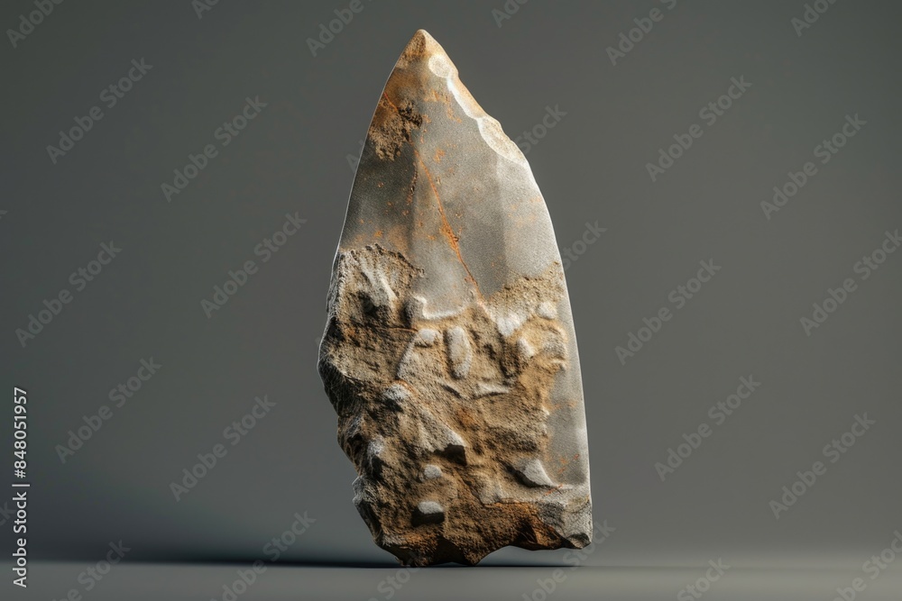 Poster a single, large stone object sits on a gray surface