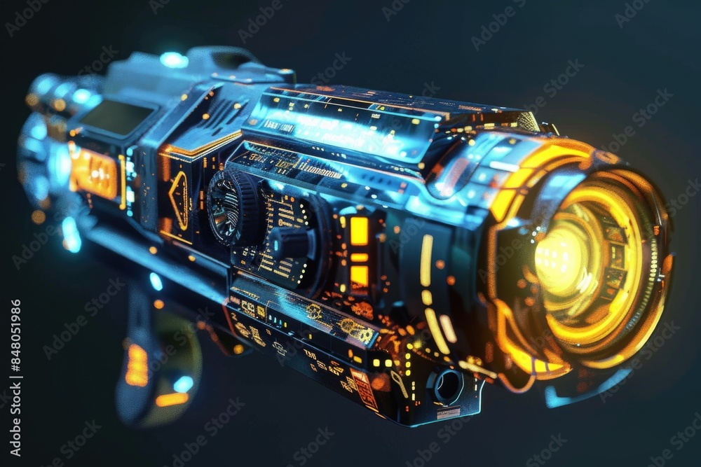 Poster a futuristic camera with a glowing lens on a reflective surface, ideal for sci-fi or technology conc