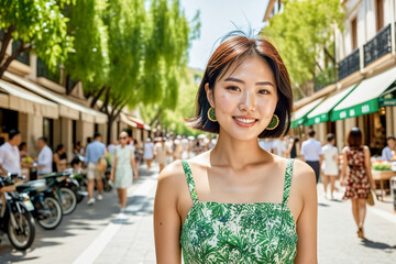 A portrait photo of a beautiful young woman tourist on a shopping walk in a European city