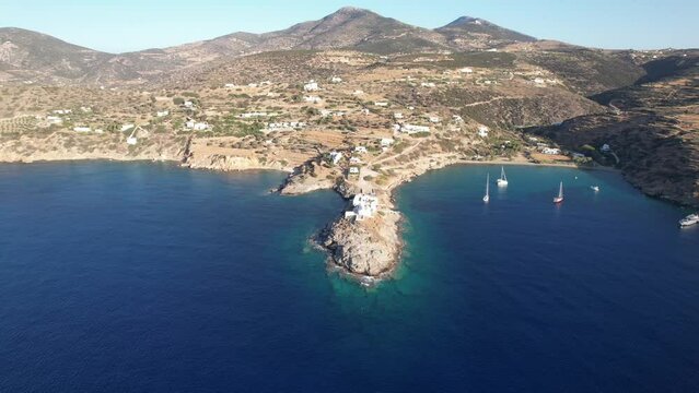 View of Chrysophygi Monastery and Paros on the south east coast of the island, Sifnos, Greece