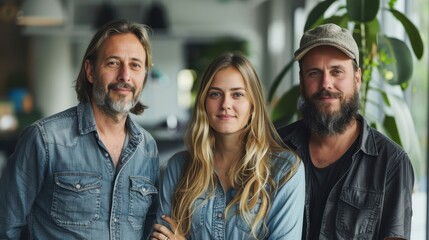 Fototapeta premium Three friends in denim clothing pose together for a group portrait