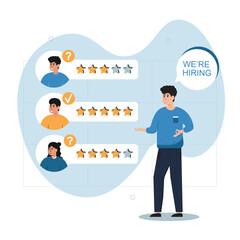 Hiring illustrations. Hr managers searching new employee, reading CV and giving job candidate review. Recruitment agency concept. Vector illustration isolated on background