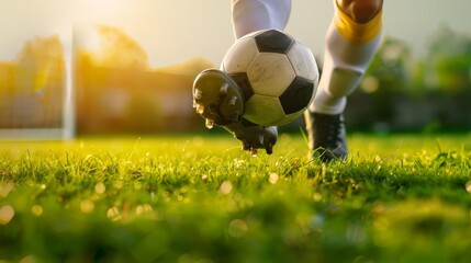 Close-up of a soccer player's foot kicking a ball on a vibrant green field during sunset, capturing the energy and excitement of the game.